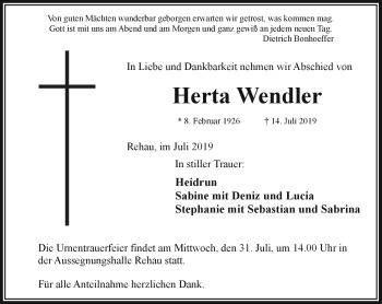 Traueranzeige von Herta Wendler von Frankenpost