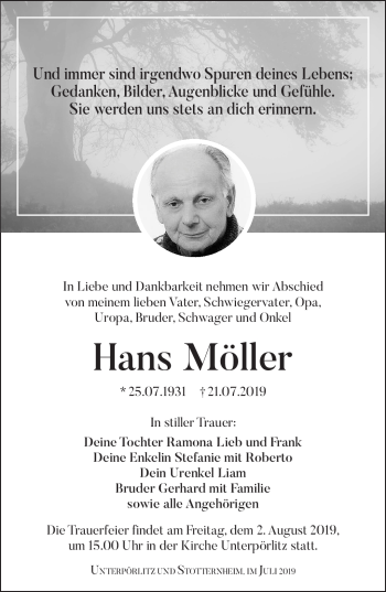 Traueranzeige von Hans Möller von Südthüringer Presse