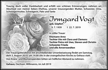 Traueranzeige von Imrgard Vogt von Südthüringer Presse