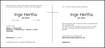 Traueranzeige von Inge Hertha von Neue Presse Coburg