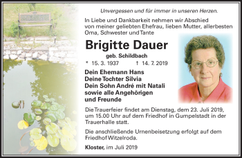 Traueranzeige von Brigitte Dauer von Südthüringer Presse
