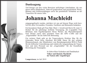 Traueranzeige von Johanna Machleidt von Südthüringer Presse