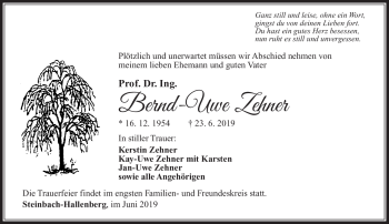 Traueranzeige von Bernd-Uwe Zehner von Südthüringer Presse