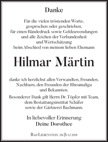 Traueranzeige von Hilmar Märtin von Südthüringer Presse