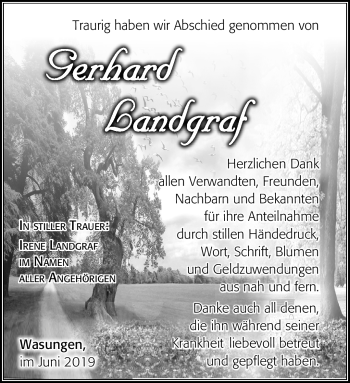 Traueranzeige von Gerhard Landgraf von Südthüringer Presse