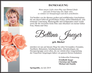 Traueranzeige von Bettina Jaeger von Südthüringer Presse