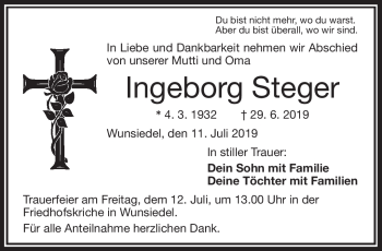Traueranzeige von Ingeborg Steger von Frankenpost