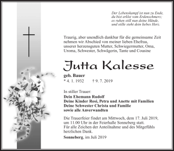 Traueranzeige von Jutta Kalesse von Südthüringer Presse