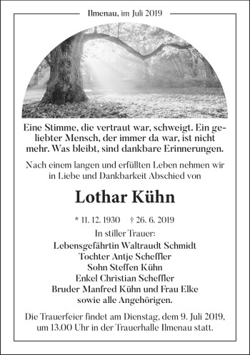 Traueranzeige von Lothar Kühn von Südthüringer Presse