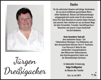 Traueranzeige von Jürgen Dreißigacker von Südthüringer Presse