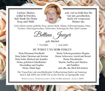 Traueranzeige von Bettina Jaeger von Südthüringer Presse