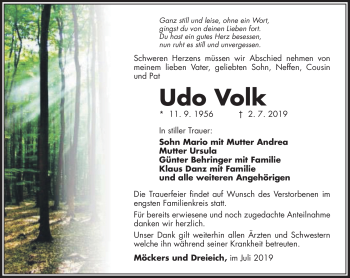 Traueranzeige von Udo Volk von Südthüringer Presse