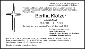 Traueranzeige von Bertha Klötzer von Frankenpost