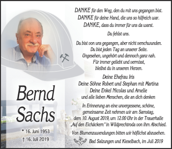 Traueranzeige von Bernd Sachs von Südthüringer Presse