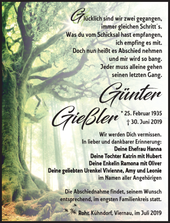 Traueranzeige von Günter Geißler von Südthüringer Presse