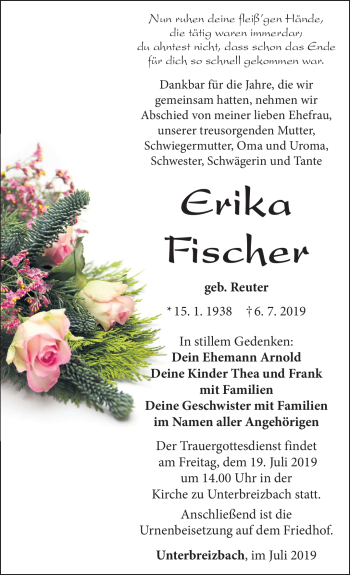 Traueranzeige von Erika Fischer von Südthüringer Presse