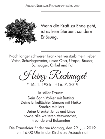 Traueranzeige von Heinz Recknagel von Südthüringer Presse