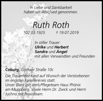 Traueranzeige von Ruth Roth von Neue Presse Coburg