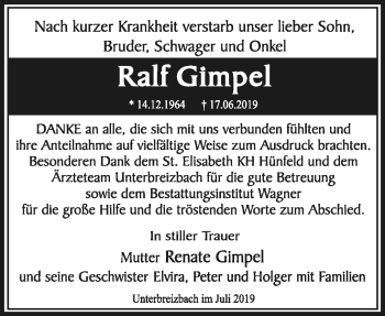 Traueranzeige von Ralf Gimpel von Südthüringer Presse