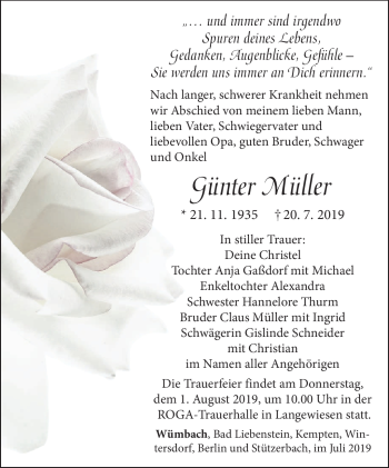 Traueranzeige von Günter Müller von Südthüringer Presse