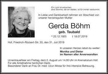 Traueranzeige von Gerda Böhm von Frankenpost