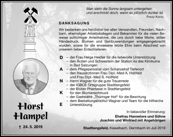 Traueranzeige von Horst Hampel von Südthüringer Presse