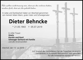 Traueranzeige von Dieter Behncke von Neue Presse Coburg