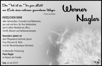 Traueranzeige von Werner Nagler von Südthüringer Presse