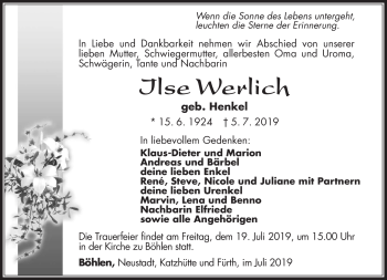 Traueranzeige von Ilse Werlich von Südthüringer Presse