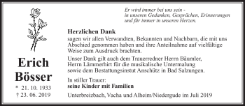 Traueranzeige von Erich Bösser von Südthüringer Presse