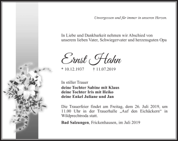 Traueranzeige von Ernst Hahn von Südthüringer Presse