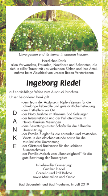 Traueranzeige von Ingeborg Riedel von Südthüringer Presse