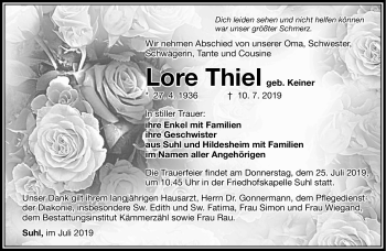 Traueranzeige von Lore Thiel von Südthüringer Presse