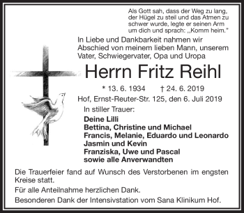 Traueranzeige von Fritz Reihl von Frankenpost