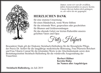Traueranzeige von Fritz Häfner von Südthüringer Presse
