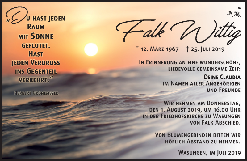  Traueranzeige für Falk Wittig vom 30.07.2019 aus Südthüringer Presse