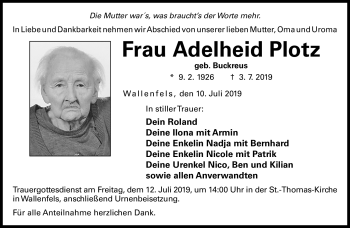 Traueranzeige von Adelheid Plotz von Neue Presse Coburg