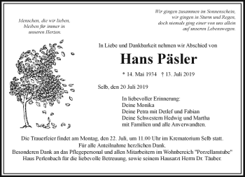 Traueranzeige von Hans Päsler von Frankenpost
