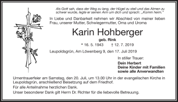 Traueranzeige von Karin Hohberger von Frankenpost