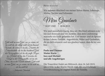 Traueranzeige von Mira Graubner von Südthüringer Presse