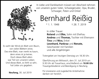 Traueranzeige von Bernhard Reißig von Neue Presse Coburg