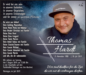 Traueranzeige von Thomas Hardt von Südthüringer Presse