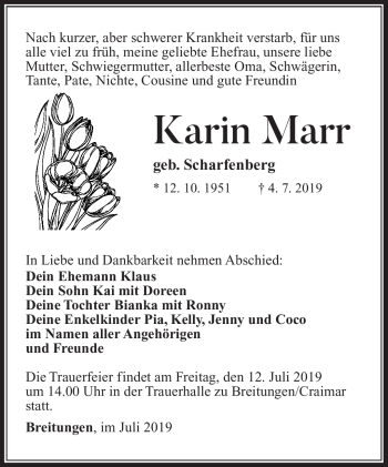 Traueranzeige von Karin Marr von Südthüringer Presse