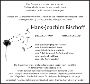 Traueranzeige von Hans-Joachim Bischoff von Südthüringer Presse