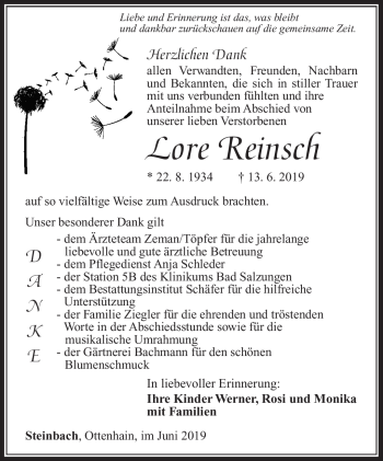 Traueranzeige von Lore Reinsch von Südthüringer Presse