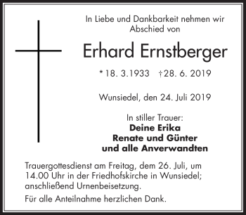 Traueranzeige von Erhard Ernstberger von Frankenpost