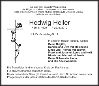 Traueranzeige von Hedwig Heller von Frankenpost