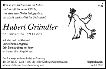Traueranzeige von Hubert Gründler von Südthüringer Presse