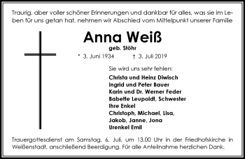 Traueranzeige von Anna Weiß von Frankenpost