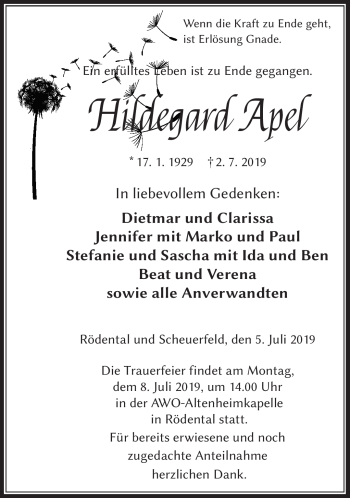 Traueranzeige von Hildegard Apel von Neue Presse Coburg